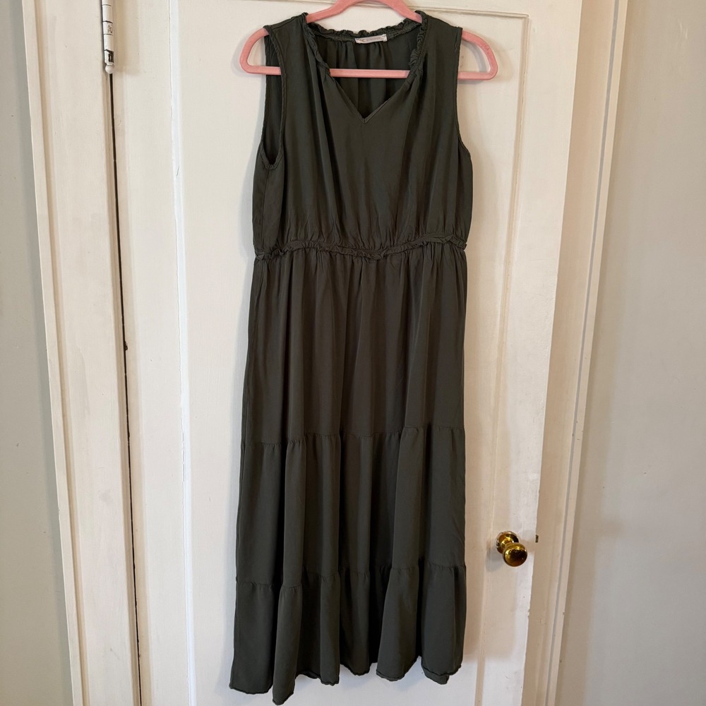 Kirundo Womens Olive Green Sleeveless‎ Ruffle V-Neck Tiered Midi Dress XL